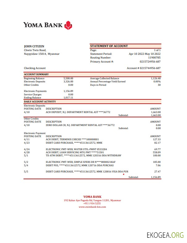 Modèle Excel et PDF de relevé bancaire Myanmar Yoma